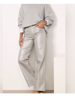 Kut from the Kloth "Miller" High Rise Metallic Wide-Leg Pants Metallic Gray SZ 4
